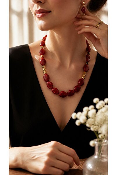 Mise Aksesuar Red Natural Stone Looking Steel Chain Necklace