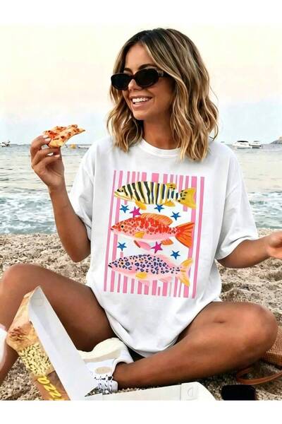 9TAY Cotton Striped Fish Trio Shirt , Women's Tshirt2026-Cute Clothes,Beach V...