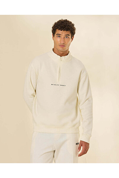 REDTAG Men Ivory Printed Basic Quarter Zip Sweatshirt