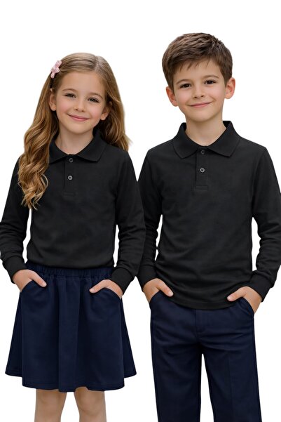 ERDEM KIDS تي شيرت مدرسي أساسي أسود اللون بأكمام طويلة من القطن وياقة بولو لل...