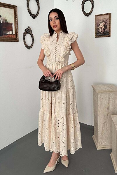 Clothes Fast Women's Brown Ruffled Buttoned Dress