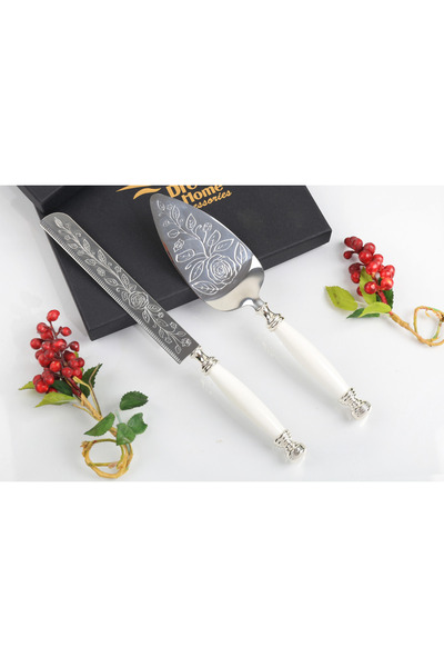 alya home aksesuar Porcelain Handle Rose Detailed Cake Serving Set Silver