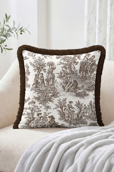 Realhomes Pastoral Rural Life Figured Tree and Human Patterned Fringed Throw ...