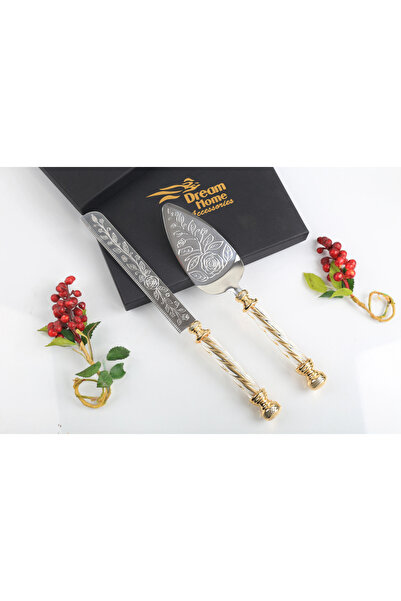 alya home aksesuar Crystal Handle Rose Detailed Cake Serving Set Gold