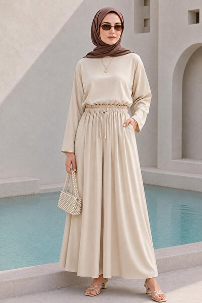 AFVENTE Serra Elastic Waist Skirt and Trousers Modal Double Suit Beige