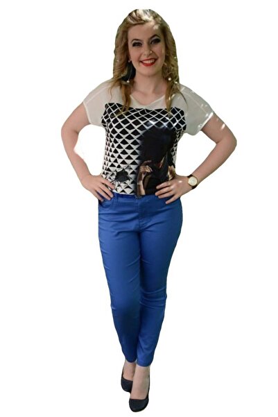 OEM Pantalon tineresc masura mare, nuanta albastra cu curea trendy