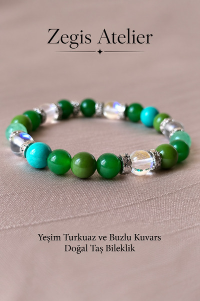 Zegisatelier 8 mm Yeşim Turkuaz ve Buzlu Kuvars Doğal Taş Bileklik - Kadın Bi...