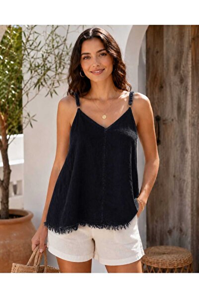 Butik Şans Women's V-Neck Adjustable Strap Tasseled Raw Edge Italian Linen Bl...