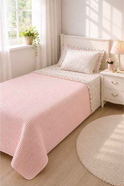 Blue Atelier %100 Pamuklu Fırfırlı Pembe Pike Yatak Örtüsü Takımı Çocuk Pike ...