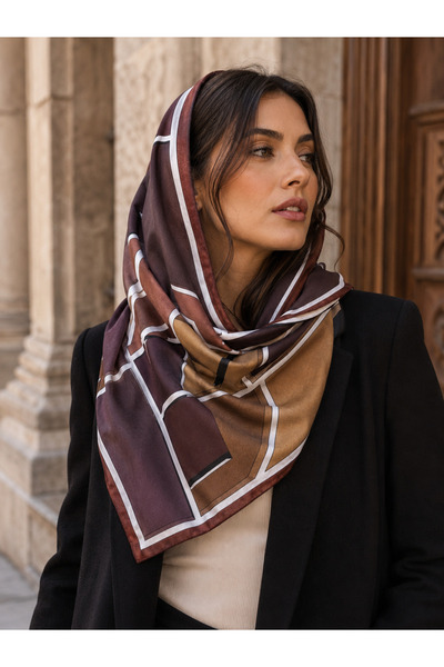 Luminos Butik Eșarfă de bumbac cu model geometric maro pentru femei FLR6029
