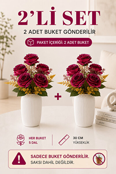 MD Aspiz Flowers 2 Demet Yapay Çiçek 5li Lüks Kırmızı Gül Demeti 32cm ( Saksı...