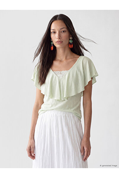 LC Waikiki Original V-Neck Embroidered Ruffle Blouse