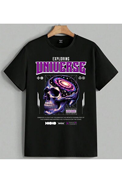 ELFERA Tricou oversize unisex cu imprimeu Universe Skull Galaxy, negru
