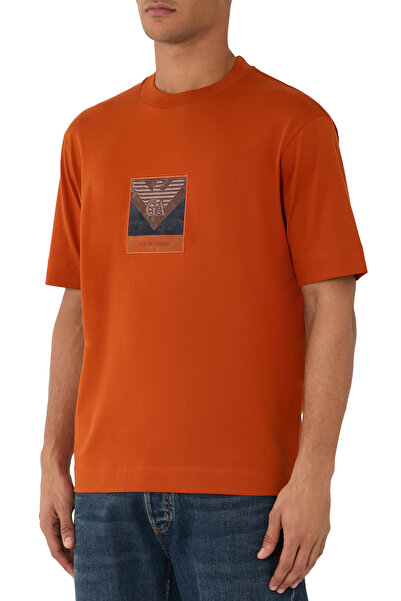 Emporio Armani Men's Color Blocked Crew Neck Short Sleeve Orange T-Shirt