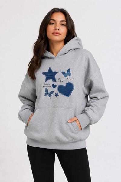 herkesemoda Denim Effect Printed Hooded 2 Thread Threaded Sweatshirt