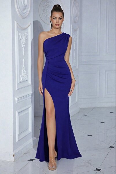 UFC 1985 TOP BRAND Women's One-Shoulder Deep Slit Long Imported Crepe Dress