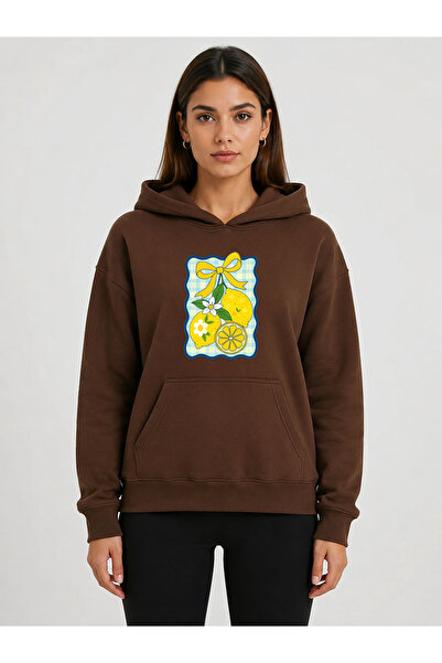 herkesemoda Lemon Printed Hooded 2 Thread Threaded Sweatshirt