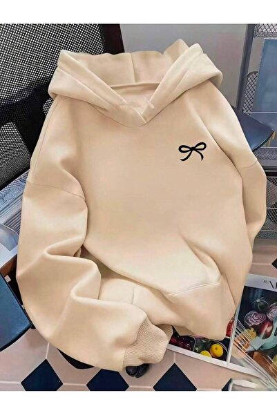 herkesemoda Ribbon Printed Hooded 2 Thread Threaded Sweatshirt