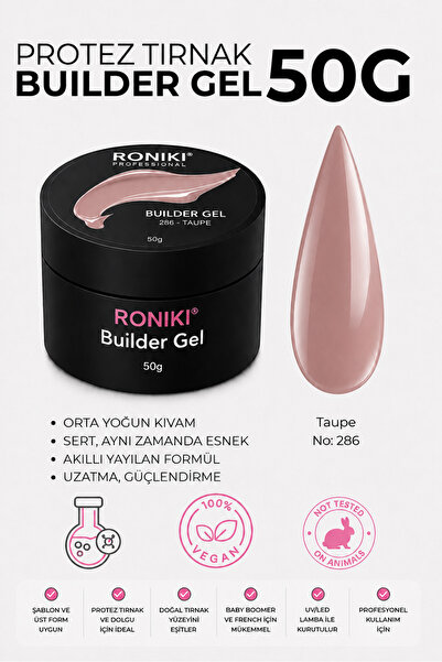 RONIKI Builder Gel 286 Taupe 50 G – Taupe Protez Tırnak Uzatma Jeli, Orta Yoğ...