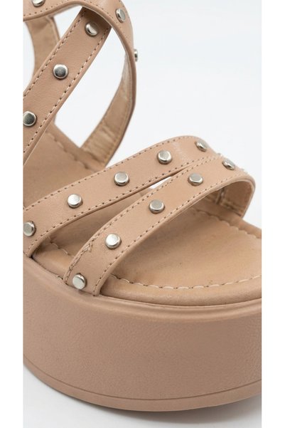 Limeo Nude High Sole Side Buckle Leather Shiny Metal Detailed Open Front Summ...