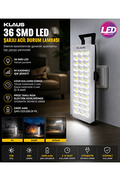 Klaus KE47733 | 36 SMD LED Şarjlı Acil Durum Lambası | 12W 850 Lümen | 2400 m...