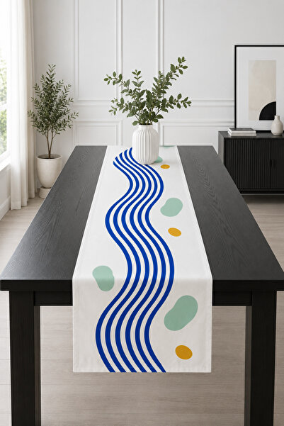Bebişim Halı Blue Wave Mint Green and Mustard Speckled Modern Runner Tableclo...