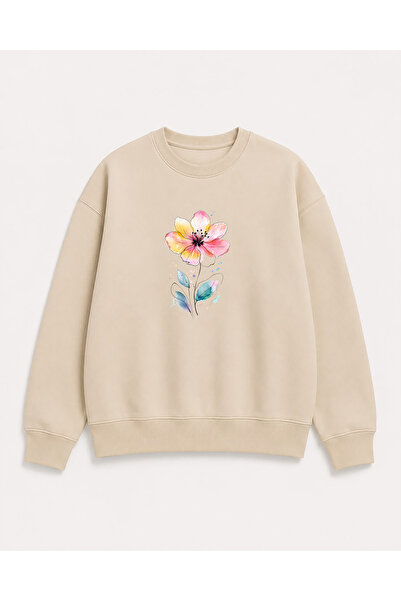 herkesemoda Floral Print Detailed Crew Neck Ribbed 2 Thread Sweatshirt