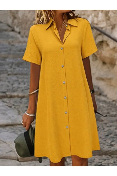 Simala Women's Short Sleeve Collared Front Buttoned Short Aerobin Dress