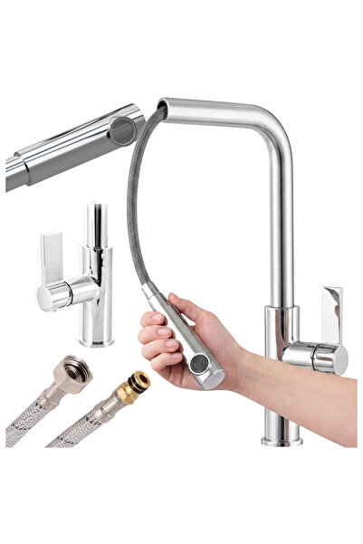 Granitan Baterie Bucatarie Linea, Duza Retractabila, Alama, Crom