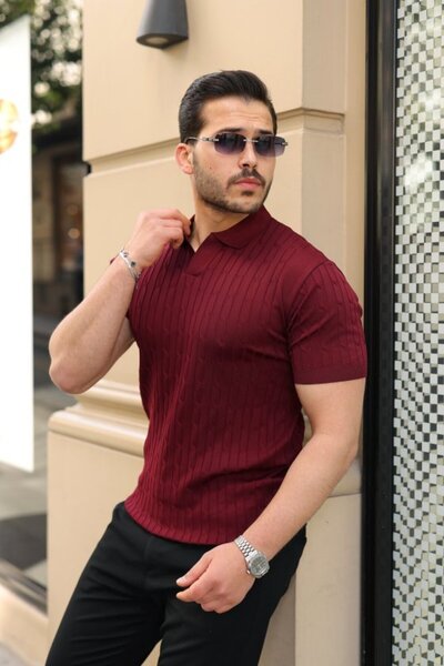 pazarella Men's knit pattern collar short sleeve knitwear t-shirt