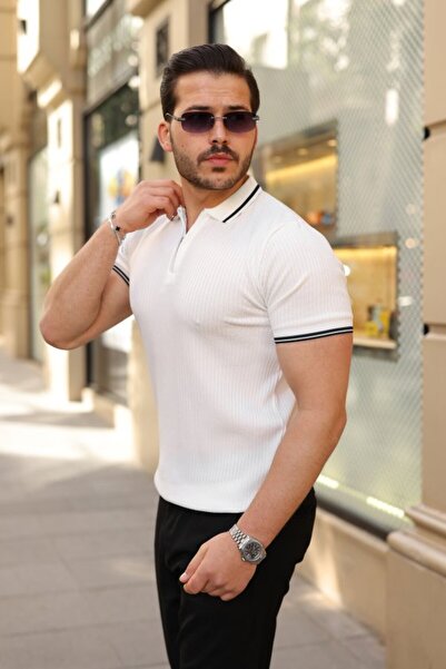 oniks store Men's Line Patterned Zipper Collar Short Sleeve T-Shirt