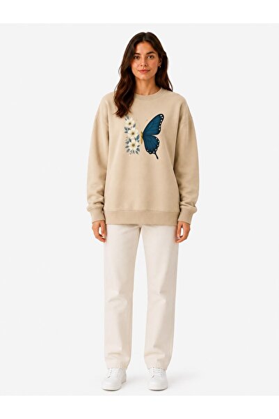 herkesemoda Butterfly Print Detailed Embroidered 2 Thread Crew Neck Sweatshirt