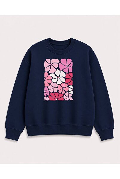 herkesemoda Colorful Flowers Printed 2 Thread Threaded Crew Neck Sweatshirt