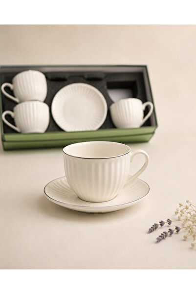 Alakhmas Tea Cup Set 12Pcs Set 6 Cups& 6 Saucers Ivory Color with Silver Rim