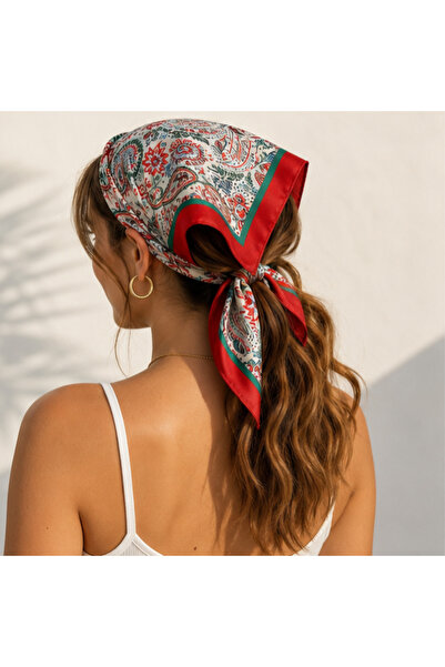Kırmızı Renk Çini Desenli Saten Fular / Bandana / Saç Aksesuarı 45x45 cm