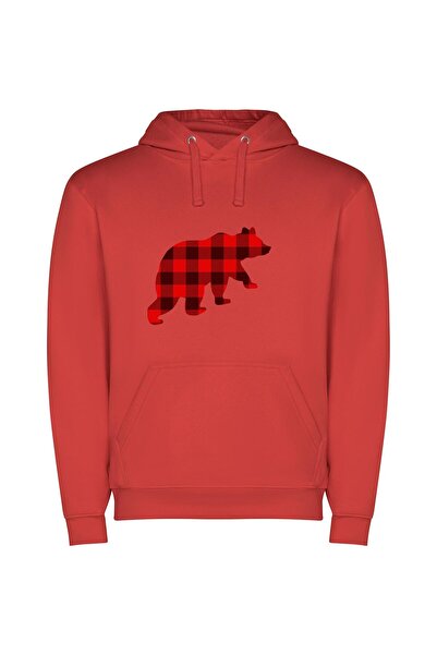 iLovePrints Red Bear Flannel Fusion Φούτερ με κουκούλα σε χρώμα Κόκκινο