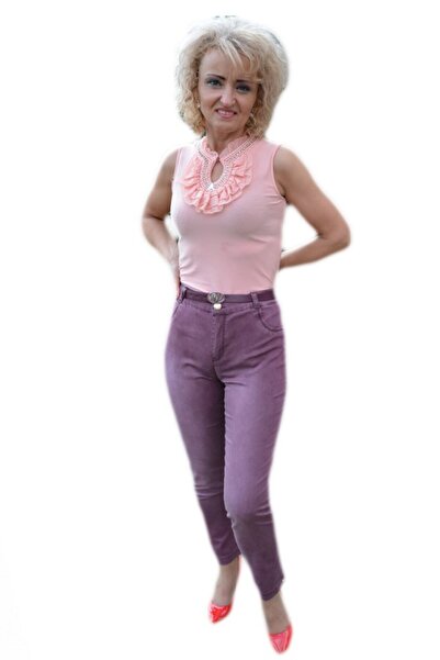 OEM Pantalon lung in nuanta de mov, cu talie medie cu curea