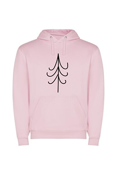 iLovePrints Minimalist Christmas Tree Sketch Φούτερ με κουκούλα σε χρώμα Ροζ