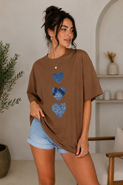 FECCY Premium Γυναικείο T-Shirt Oversize με στάμπα Triple Heart, Βαμβακερό T-...