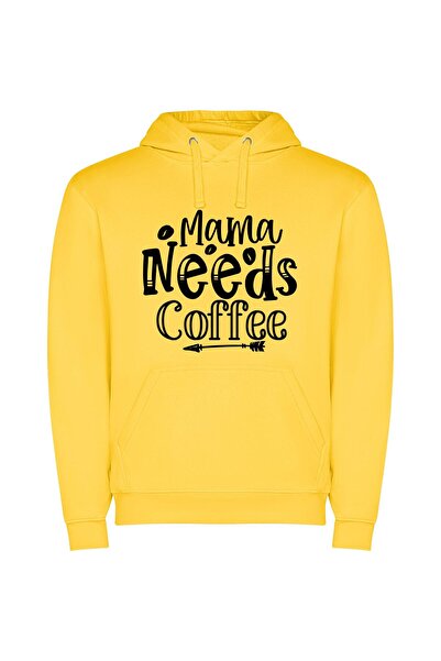 iLovePrints Monochrome Mama's Coffee Craving Φούτερ με κουκούλα σε χρώμα Κίτρινο