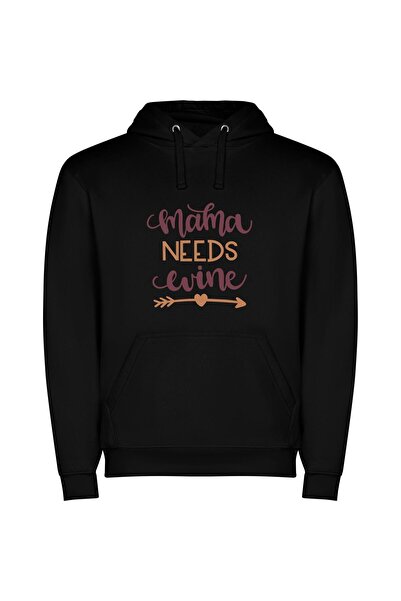 iLovePrints Mama's Wine Craving: Elegant Φούτερ με κουκούλα σε χρώμα Μαύρο