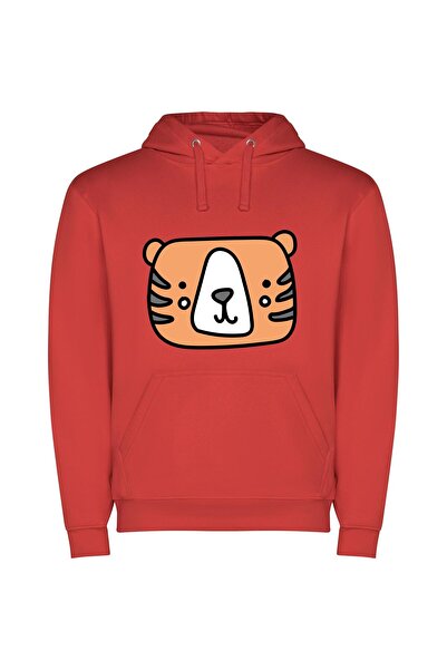 iLovePrints Beaming Tiger Portrait Φούτερ με κουκούλα σε χρώμα Κόκκινο
