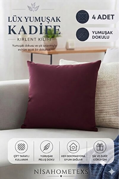 Nisahometeks 4 Adet Mürdüm Yumuşak Dokulu Kadife Salon Kırlent Kılıfı 45 x 45...