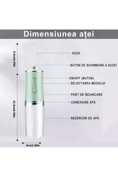 VLK Lions Irigator Bucal Portabil cu 3 Moduri de Curățare, Rezervor 220 ml, 8 Duze și Încărcare USB