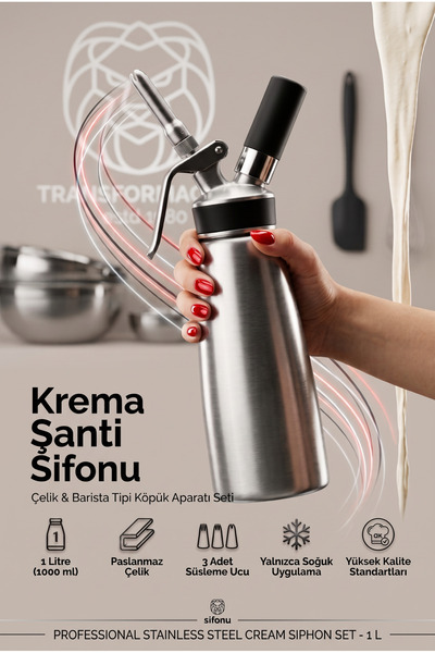 Transformacion Krema Şanti Sifonu 1 Lt - 3 Dekorasyon Uçlu Barista Tipi Köpük...
