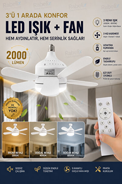 Rabelix Online Marketing Kumandalı E27 Duy Ledli Tavan Fanı Vantilatör 2000 L...