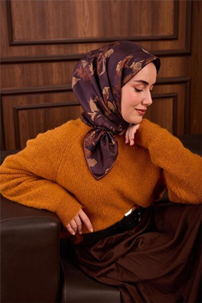 Silk Home وشاح حرير تويلي بنقشة زهور باللون الأرجواني الباذنجاني مقاس 90x90