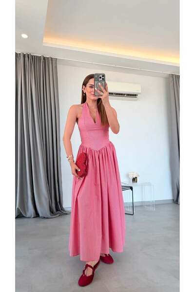 pelin yıldız butik Kırmızı Fleur Pötikareli Askılı Elbise