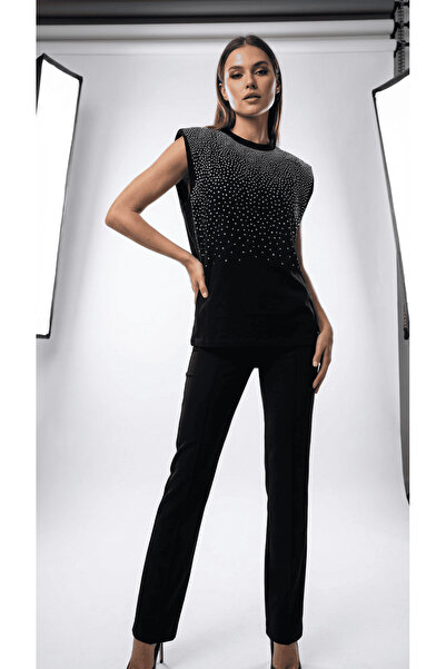 2TRENDY Women's Black Rhinestone Sleeveless Top