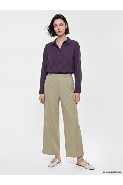 LC Waikiki Khaki Wide Leg Women's Trousers with Elastic Waist